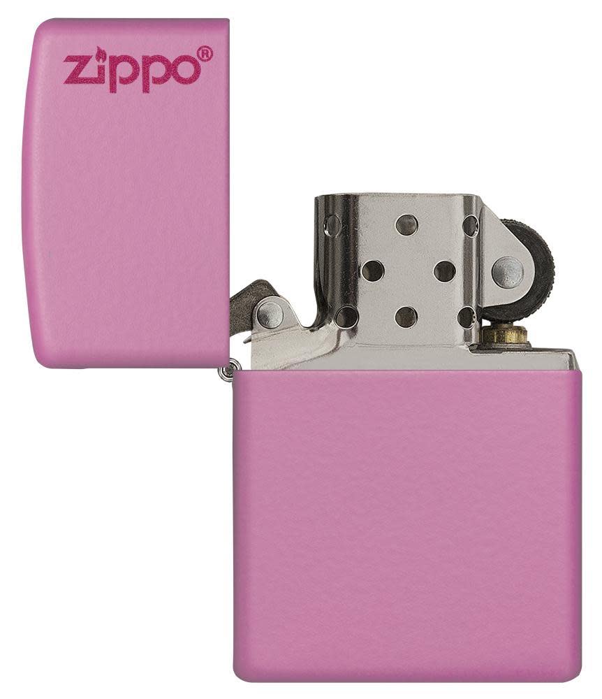 Front view Pink Matte Lighter with Zippo Logo Lighter open and unlit